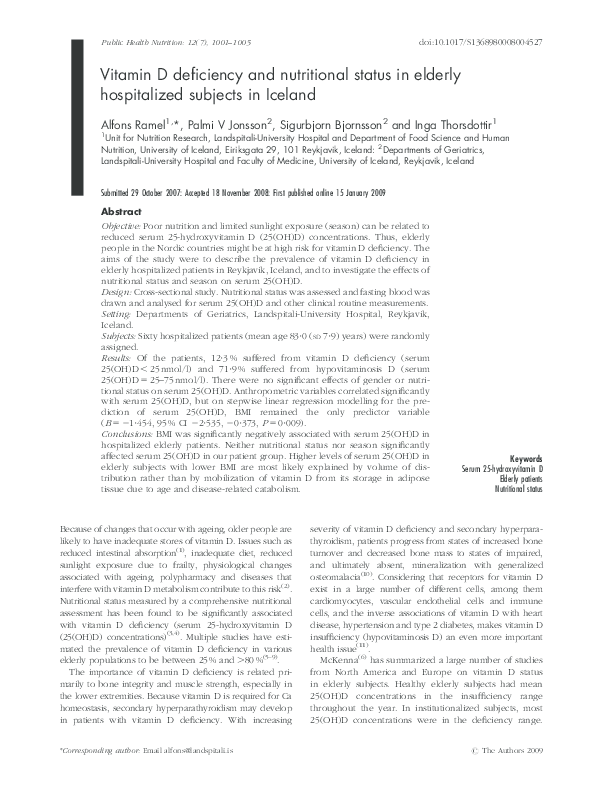 (PDF) Vitamin D deficiency and nutritional status in elderly ...