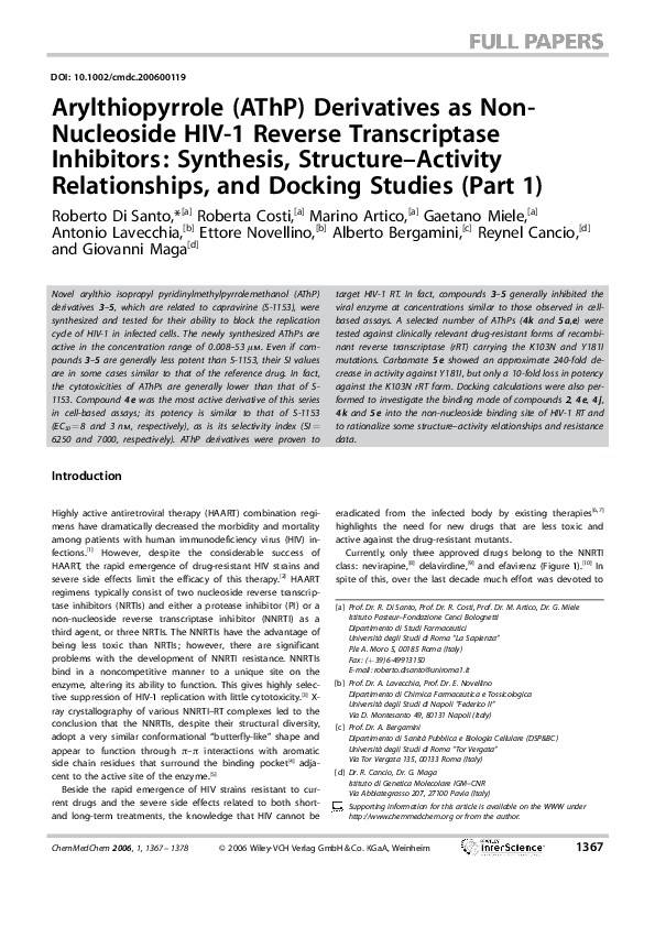 (PDF) Arylthiopyrrole (AThP) Derivatives as Non-Nucleoside HIV-1 ...
