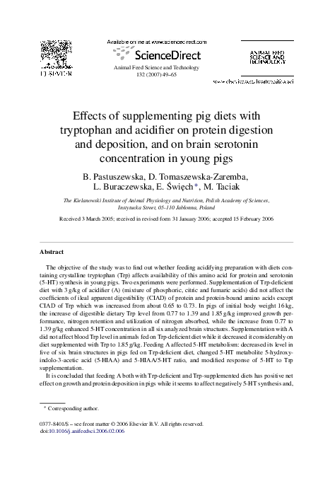 (PDF) Effects of supplementing pig diets with tryptophan and acidifier ...