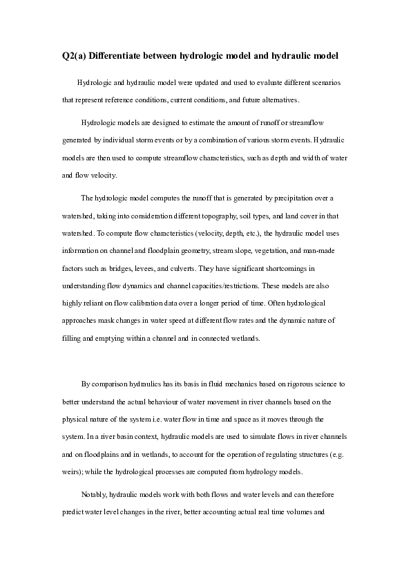 (DOC) Q2(a) Differentiate between hydrologic model and hydraulic model