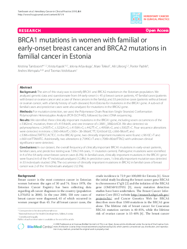 (PDF) BRCA1 mutations in women with familial or early-onset breast ...