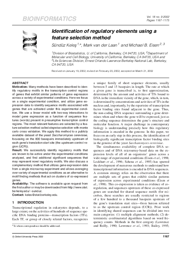(PDF) Identification of regulatory elements using a feature selection ...