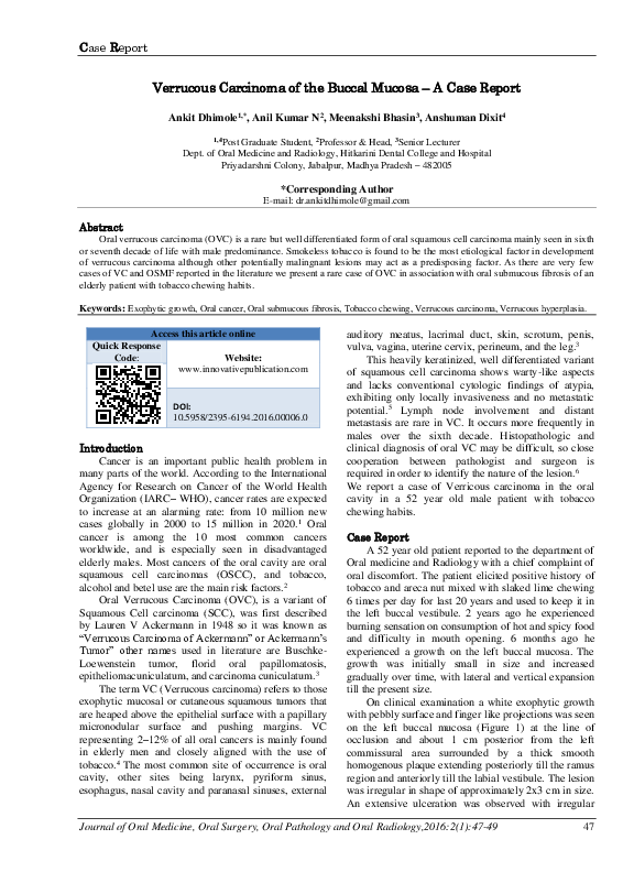 (PDF) Verrucous Carcinoma of the Buccal Mucosa – A Case Report