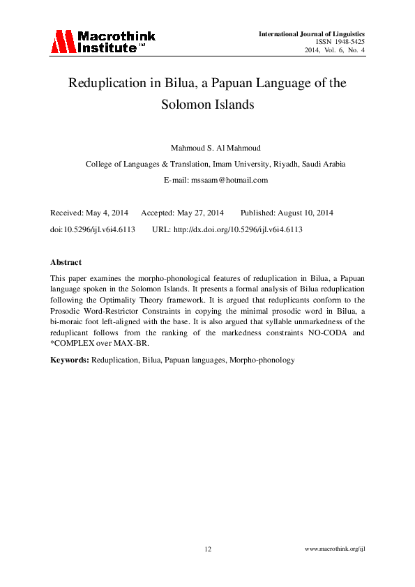 (PDF) Reduplication in Bilua, a Papuan Language of the Solomon Islands