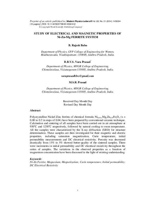 (PDF) Study of electrical and magnetic properties of Ni – Zn – Mg ...