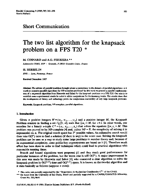 (PDF) The two list algorithm for the knapsack problem on a FPS T20
