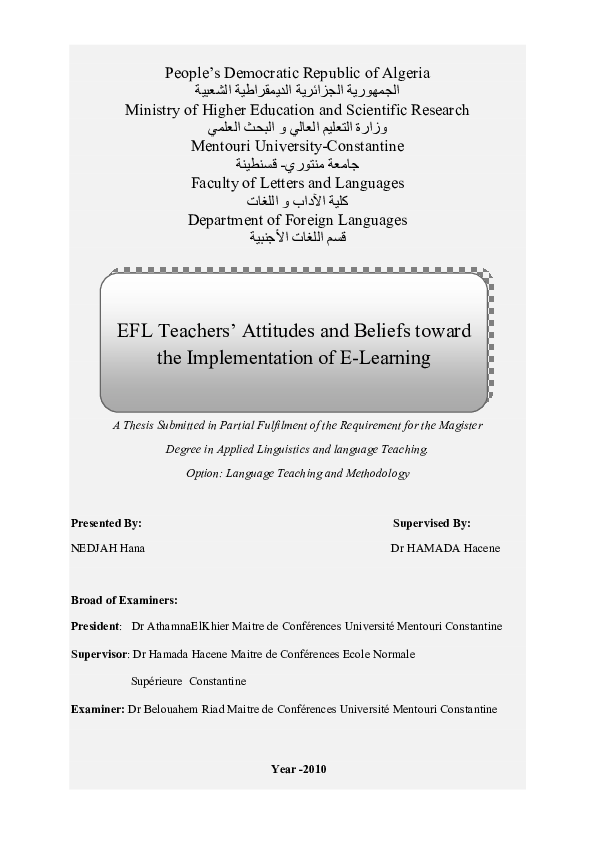 (PDF) EFL Teachers' Attitudes and Beliefs toward the Implementation of ...