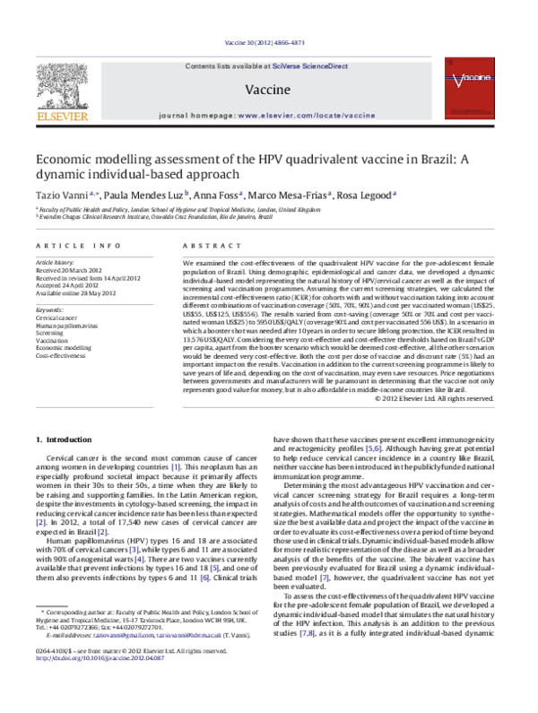 (PDF) Economic modelling assessment of the HPV quadrivalent vaccine in ...