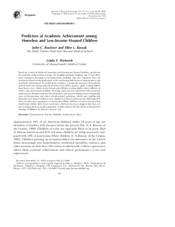(PDF) Predictors of Academic Achievement among Homeless and Low-Income ...