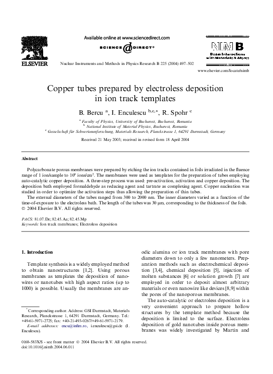 (PDF) Copper tubes prepared by electroless deposition in ion track ...
