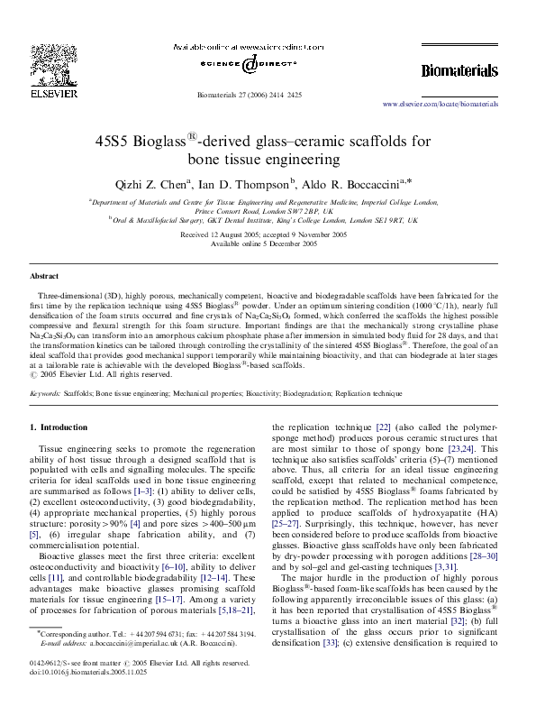 (PDF) 45S5 Bioglass s derived glassceramic scaffolds for bone tissue engineering Qizhi Chen