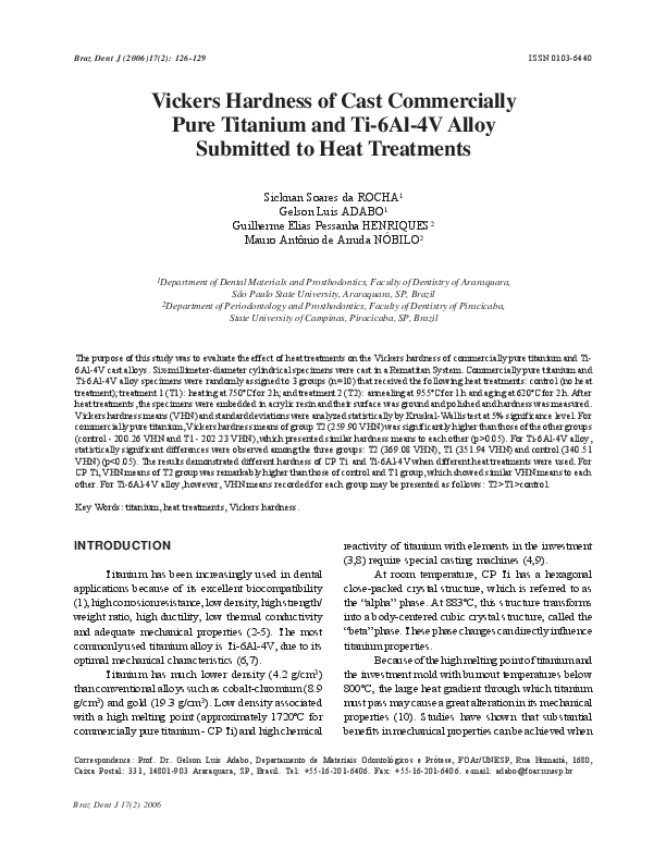 (PDF) Vickers hardness of cast commercially pure titanium and Ti6A14V