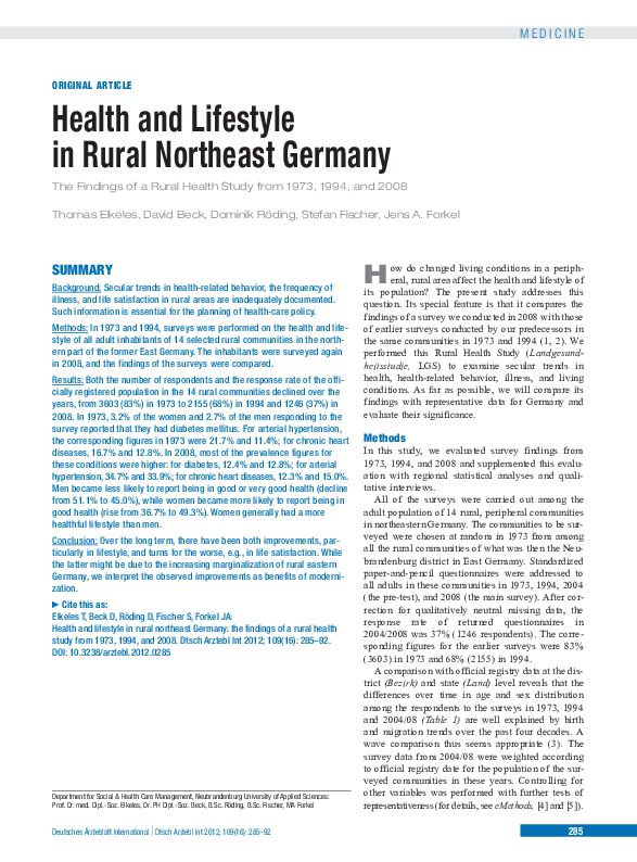 (PDF) Health and lifestyle in rural northeast Germany: the findings of ...