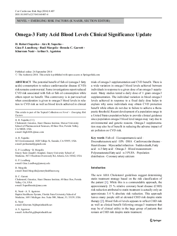 (PDF) Omega3 Fatty Acid Blood Levels Clinical Significance Update Arthur Agatston Academia.edu