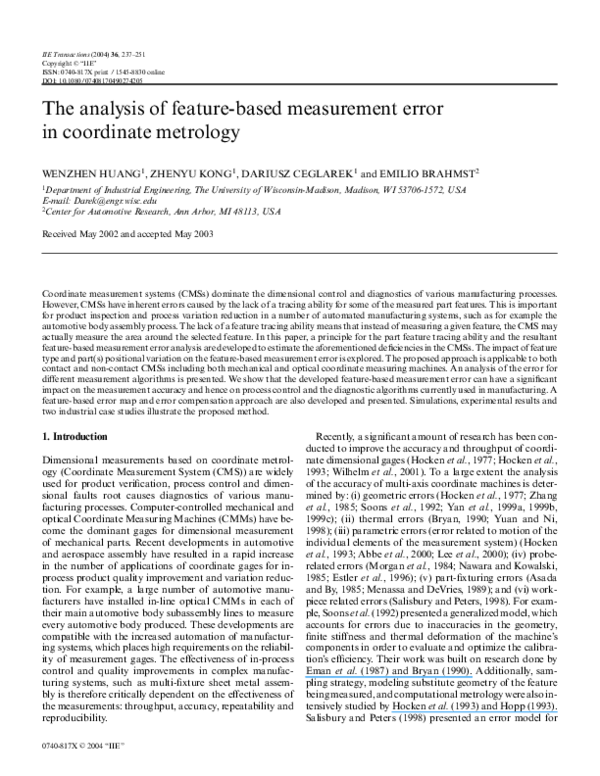 (PDF) The analysis of feature-based measurement error in coordinate ...