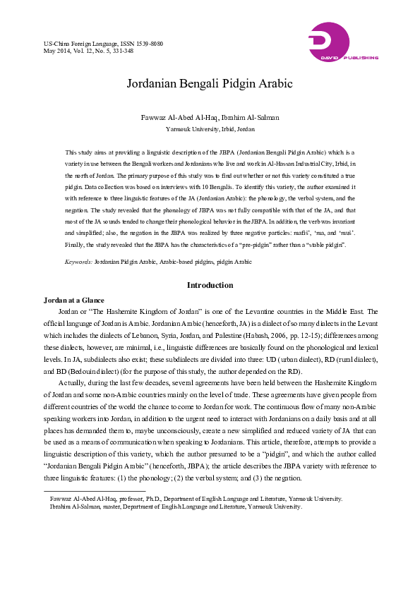 (PDF) Jordanian Bengali Pidgin Arabic