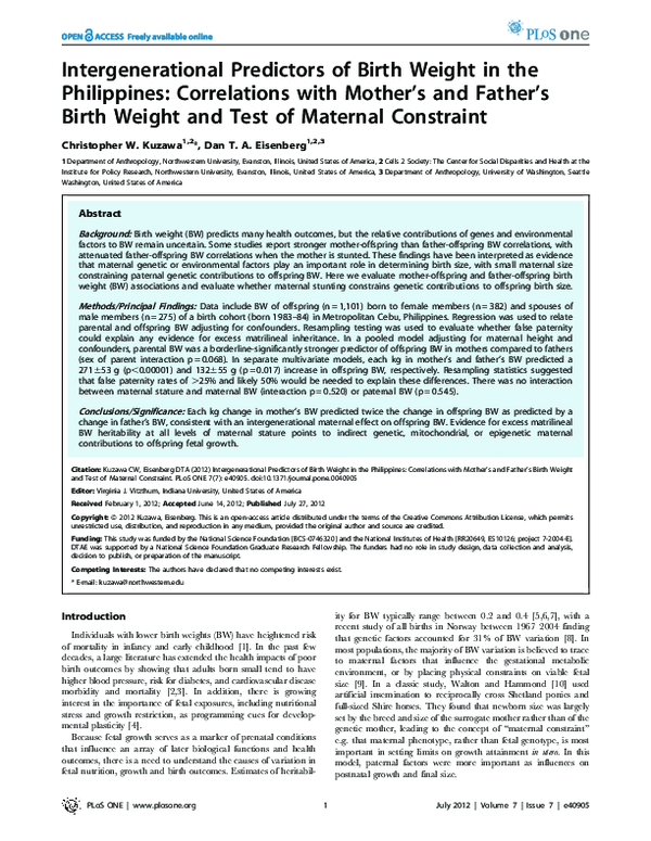 (PDF) Intergenerational Predictors of Birth Weight in the Philippines ...