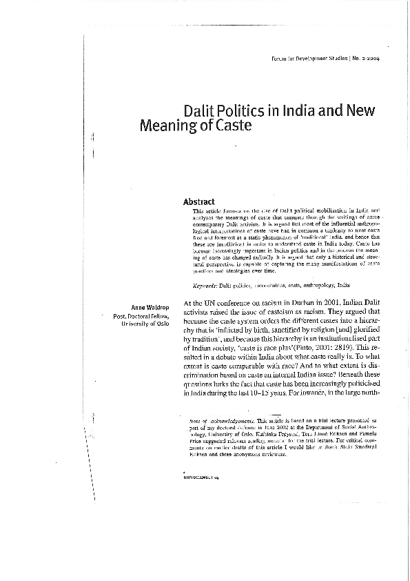 (PDF) Dalit Politics in India and New Meaning of Caste