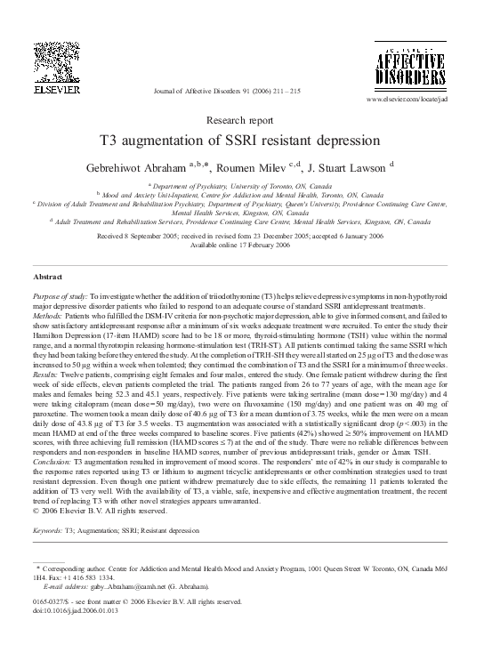 (PDF) T3 augmentation of SSRI resistant depression