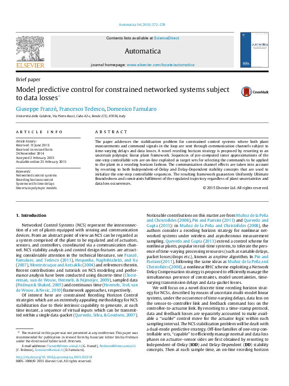(PDF) Model predictive control for constrained networked systems ...
