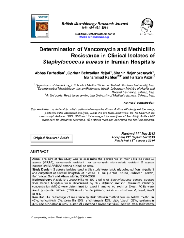 (PDF) Determination of Vancomycin and Methicillin Resistance in ...