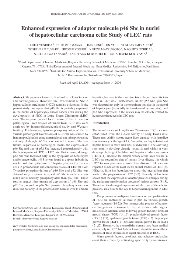 (PDF) Enhanced expression of adaptor molecule p46 Shc in nuclei of ...