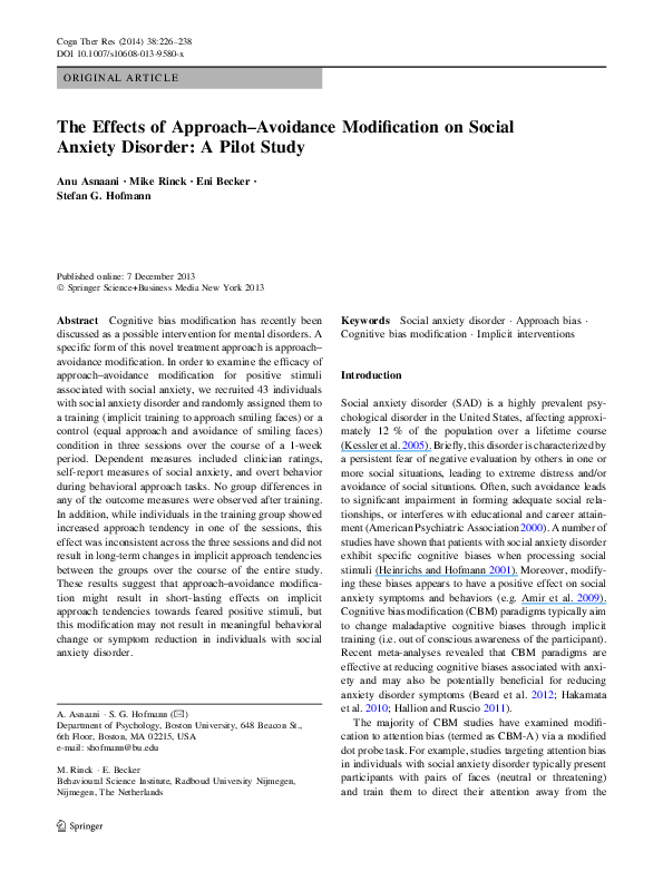 (PDF) The Effects of Approach–Avoidance Modification on Social Anxiety ...