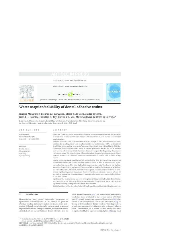 (PDF) Water sorption/solubility of dental adhesive resins Mário Góes