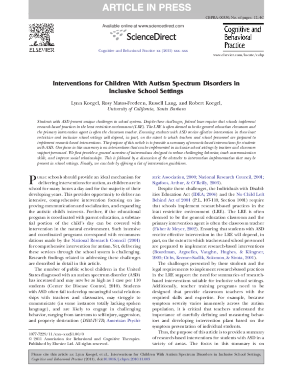 (PDF) Interventions for Children With Autism Spectrum Disorders in ...