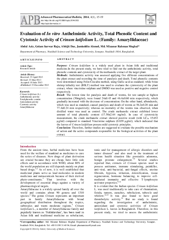 (PDF) Evaluation of In vitro Anthelmintic Activity, Total Phenolic ...