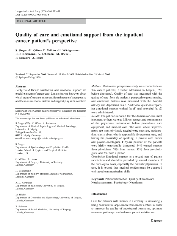 (PDF) Quality of care and emotional support from the inpatient cancer ...