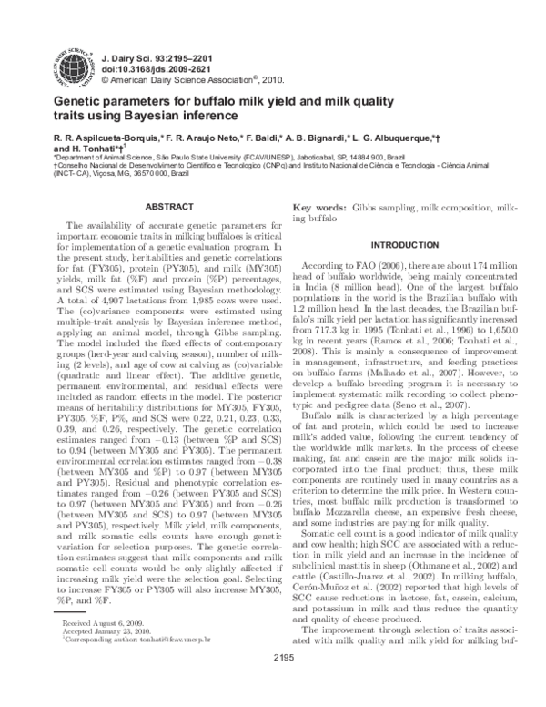 (PDF) Genetic parameters for buffalo milk yield and milk quality traits ...