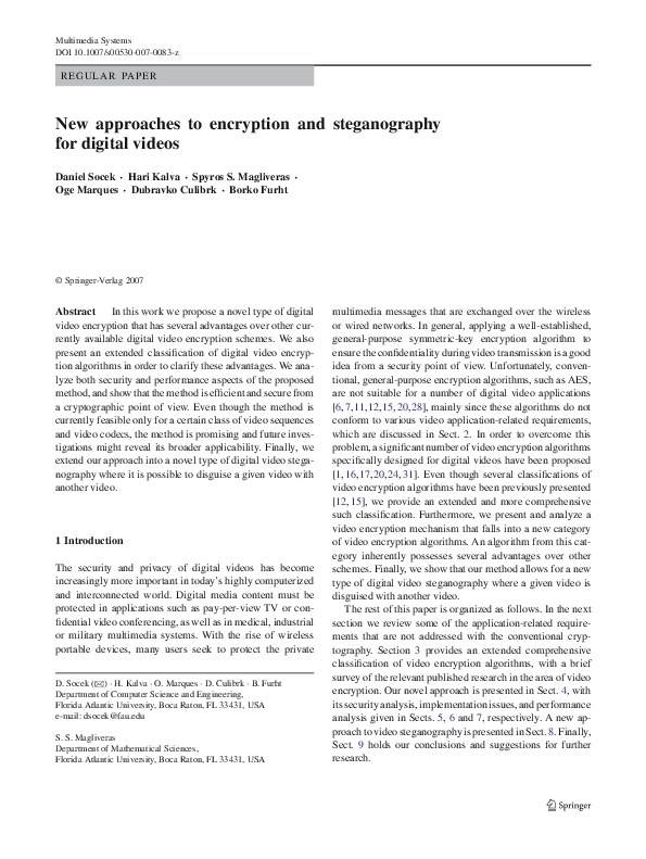 (PDF) New approaches to encryption and steganography for digital videos