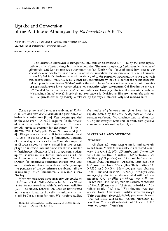(PDF) Uptake and Conversion of the Antibiotic Albomycin b! Esc h er ich ...