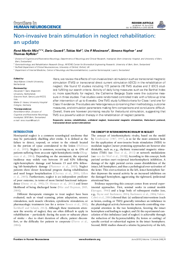 (PDF) Non-Invasive Brain Stimulation in Neglect Rehabilitation: An Update