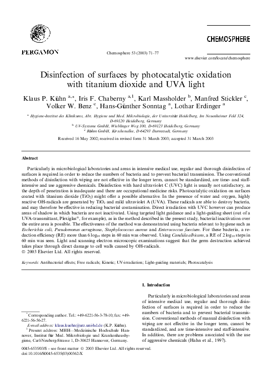 (PDF) Disinfection of surfaces by photocatalytic oxidation with