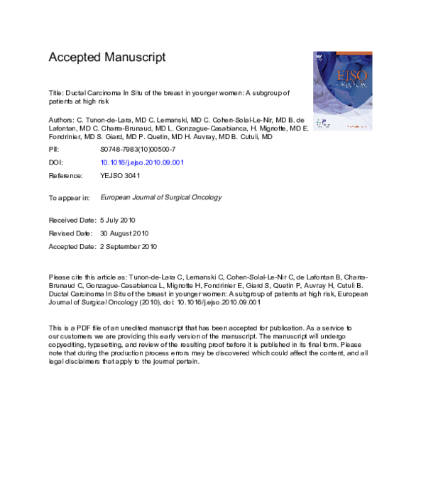 (PDF) Ductal carcinoma in situ of the breast in younger women: A ...