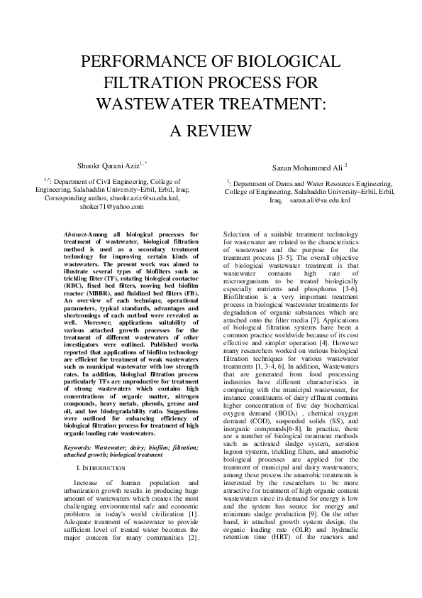 (PDF) PERFORMANCE OF BIOLOGICAL FILTRATION PROCESS FOR WASTEWATER
