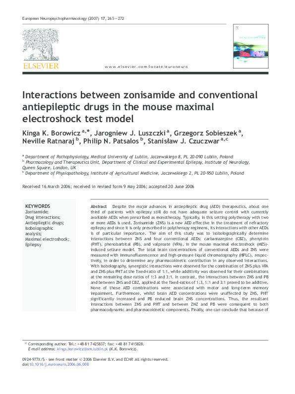 (PDF) Interactions between zonisamide and conventional antiepileptic drugs in the mouse maximal