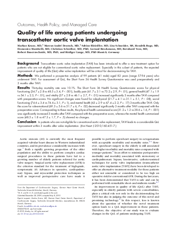 (PDF) Quality of life among patients undergoing transcatheter aortic ...