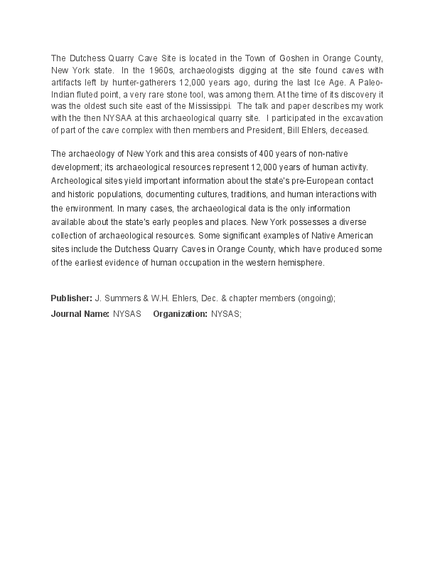 (DOC) Dutchess Quarry Cave Site, New York Dr. Jan Summers (Duffy