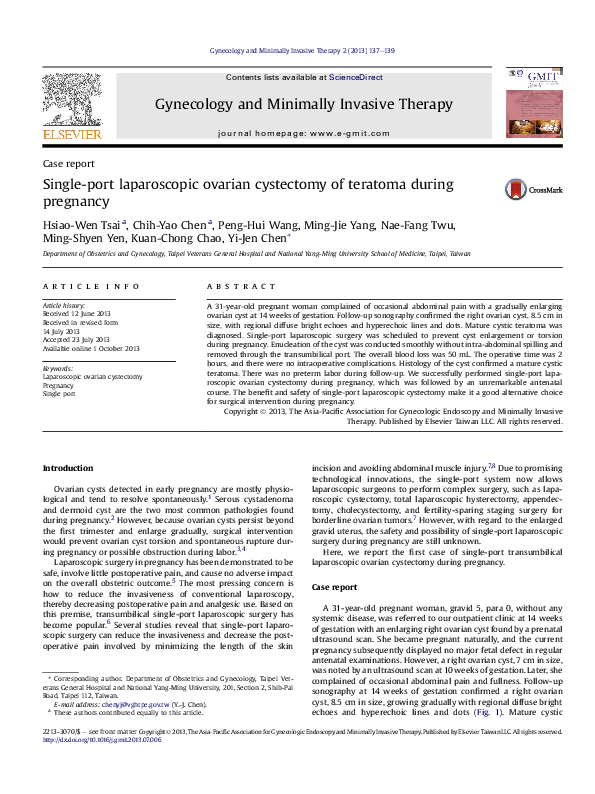 (PDF) Single-port laparoscopic ovarian cystectomy of teratoma during ...