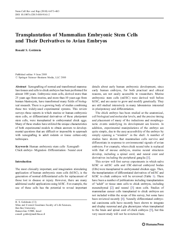 (PDF) Transplantation of Mammalian Embryonic Stem Cells and Their ...