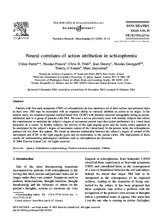 (PDF) Neural correlates of action attribution in schizophrenia