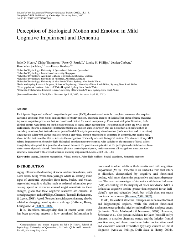 (PDF) Perception of Biological Motion and Emotion in Mild Cognitive ...