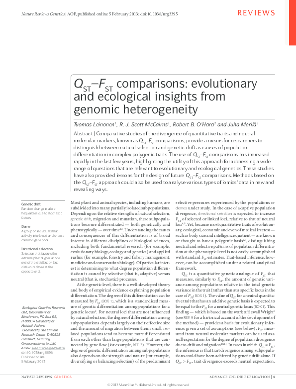 (PDF) QST–FST comparisons: evolutionary and ecological insights from ...