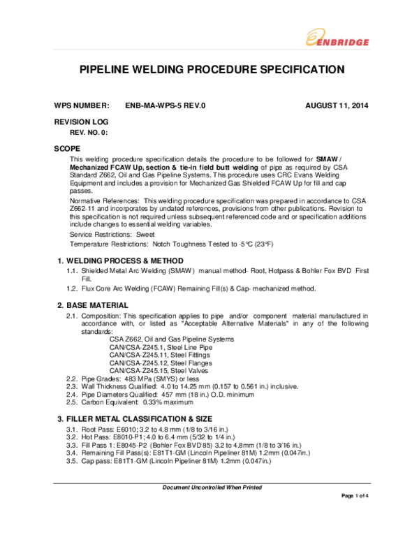 (PDF) Document Uncontrolled When Printed PIPELINE WELDING PROCEDURE