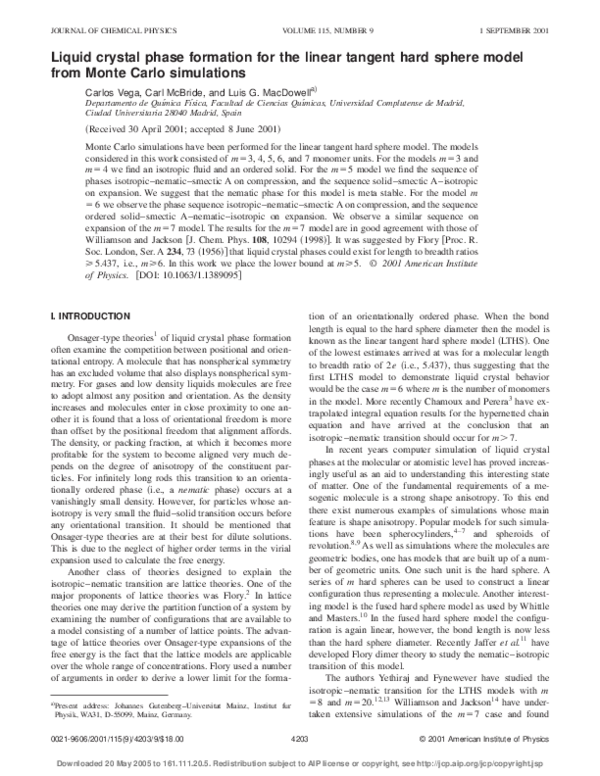 (PDF) Liquid crystal phase formation for the linear tangent hard sphere