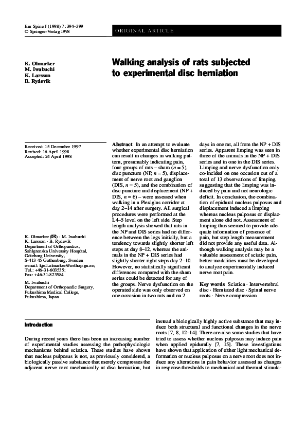 (PDF) Walking analysis of rats subjected to experimental disc herniation