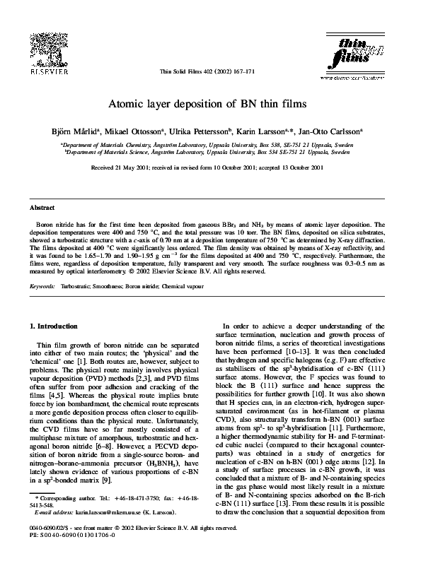 (PDF) Atomic layer deposition of BN thin films